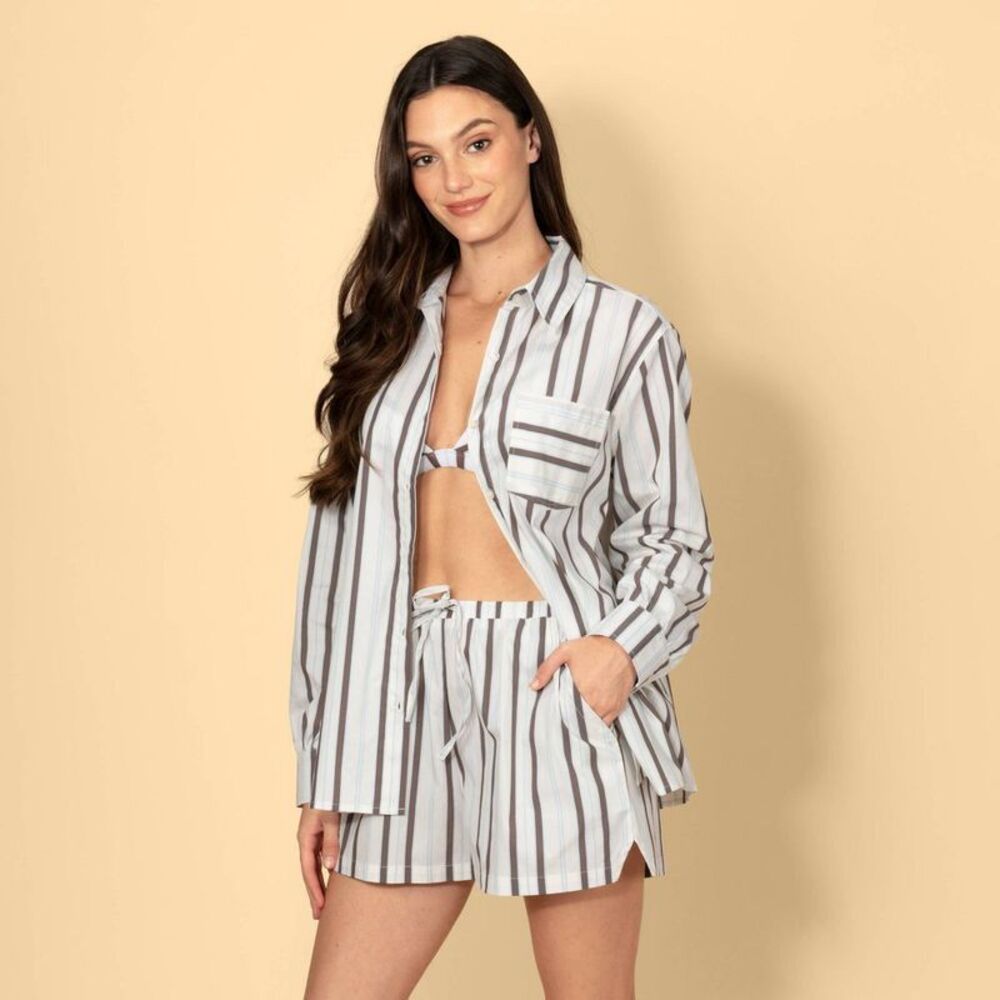 Women's Long Sleeve Collared Poplin Button-Down Shirt - Brown/Cream Striped S